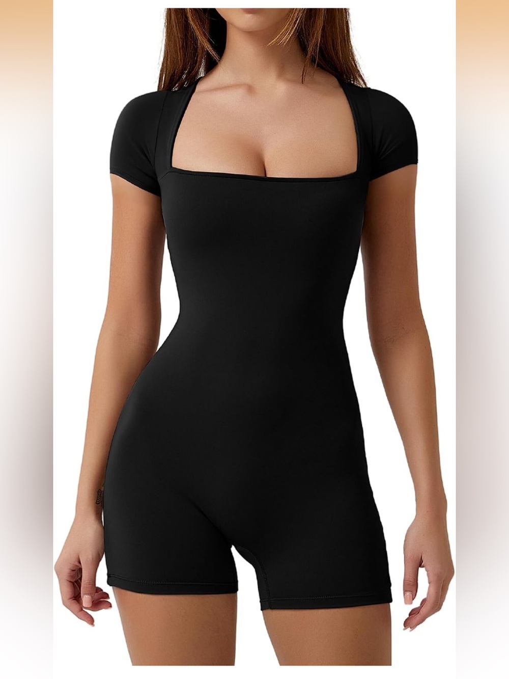 Black square neck biker short romper S stretchy form-fit Athleisure one piece